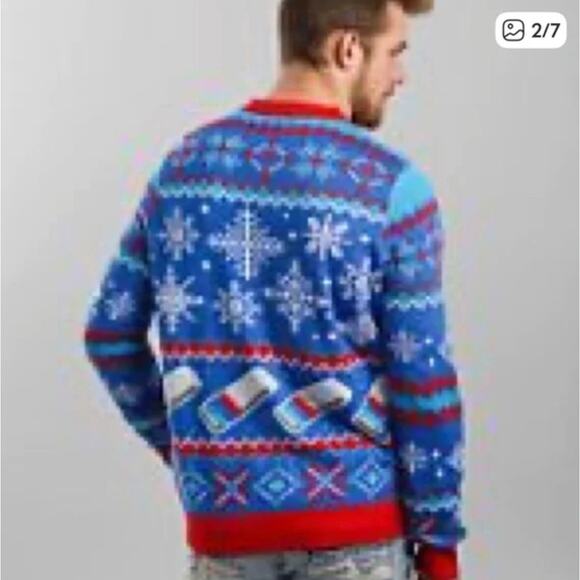 Tipsy Elves Natural Light Men's Parody Beer Christmas Holiday Sweater Large Blue - Picture 3 of 16